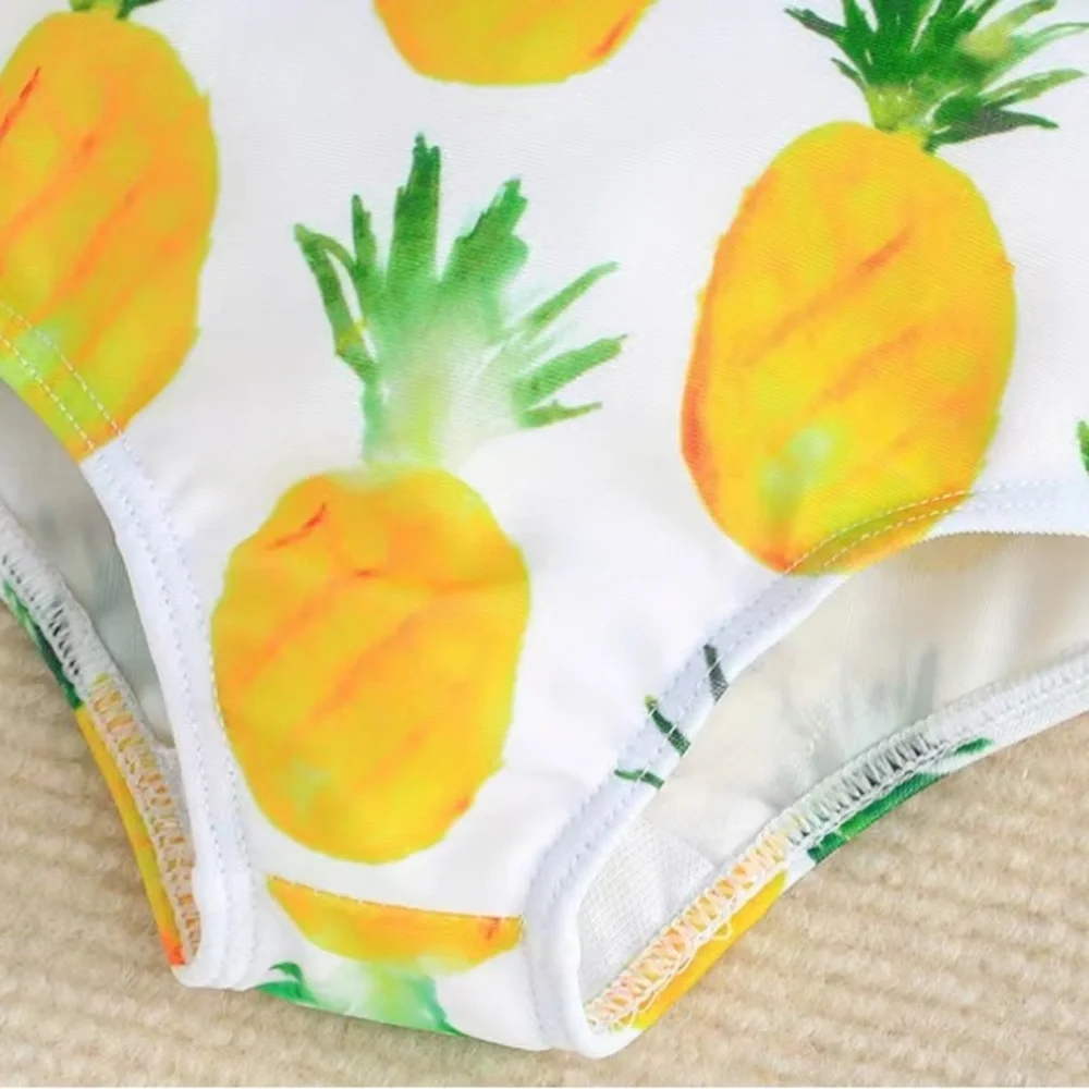 3pcs Baby Girls Pineapple Print Swimsuit Tops & Bottoms & Headband